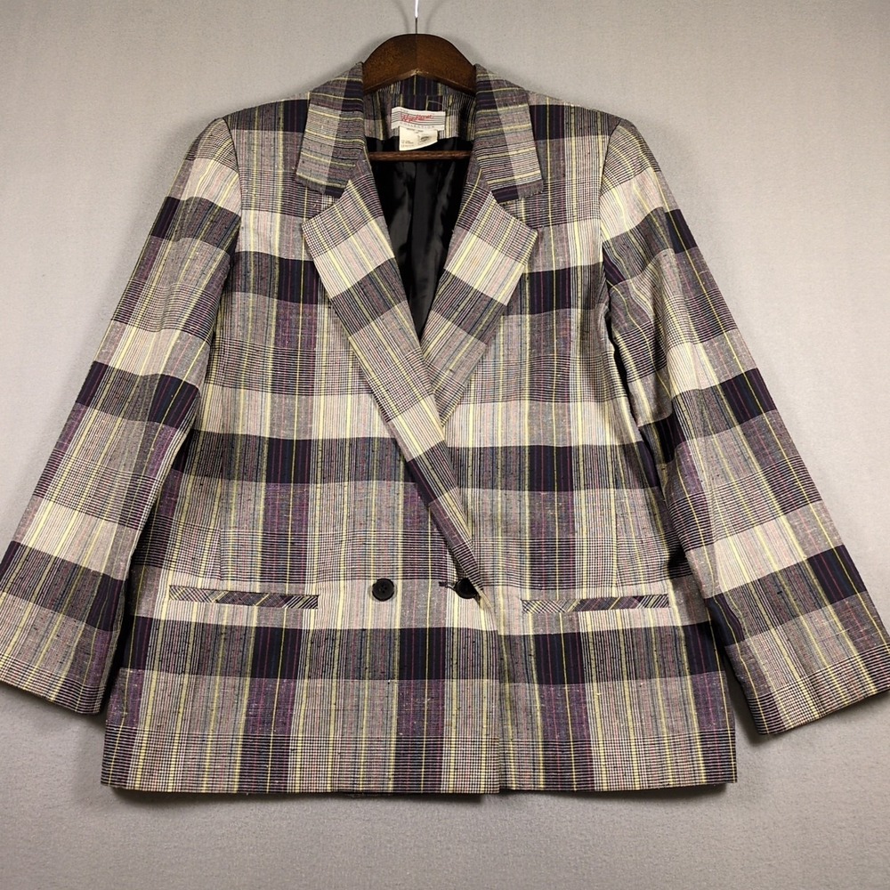 VTG Wyndham Collection Womens SZ 12 PETITE Black Multi Color Plaid Blazer Jacket